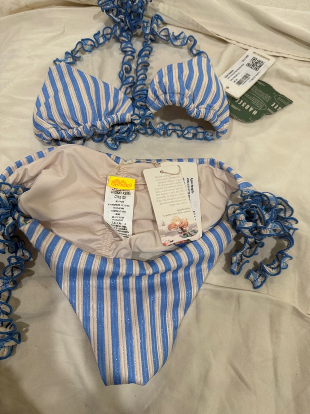Agua Bendita Blue and White Striped Ruffle Triangle Bikini